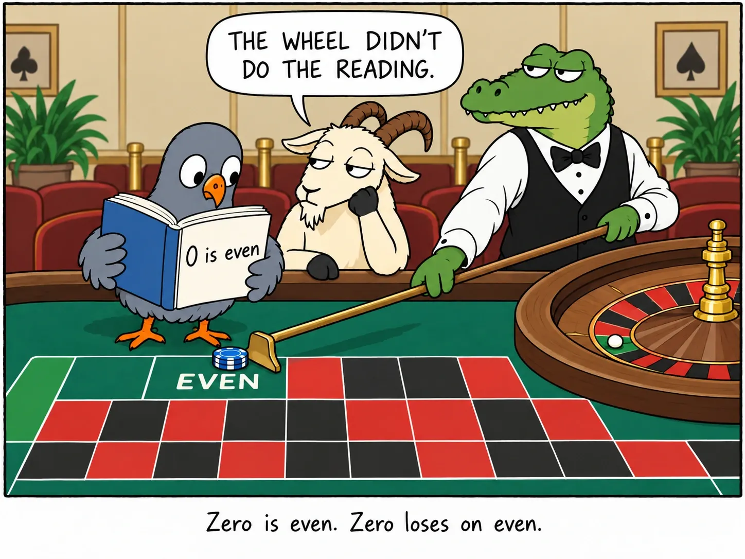 Le zéro est pair. Le zéro perd sur pair.
