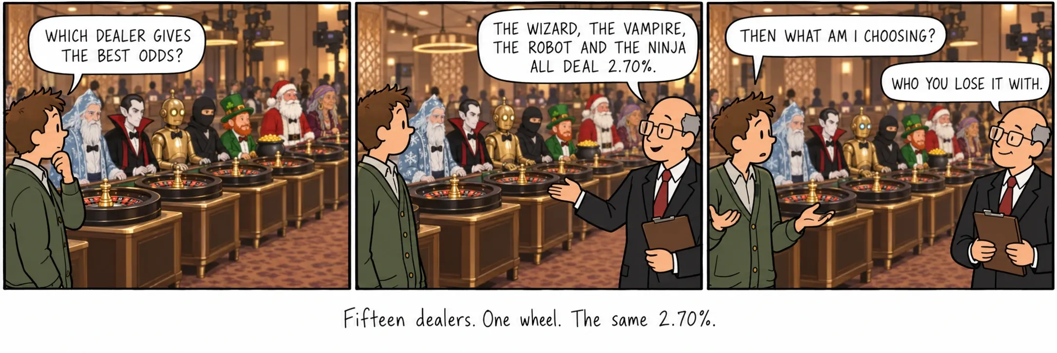 Quinze croupiers. Un cylindre. Les mêmes 2,70%.