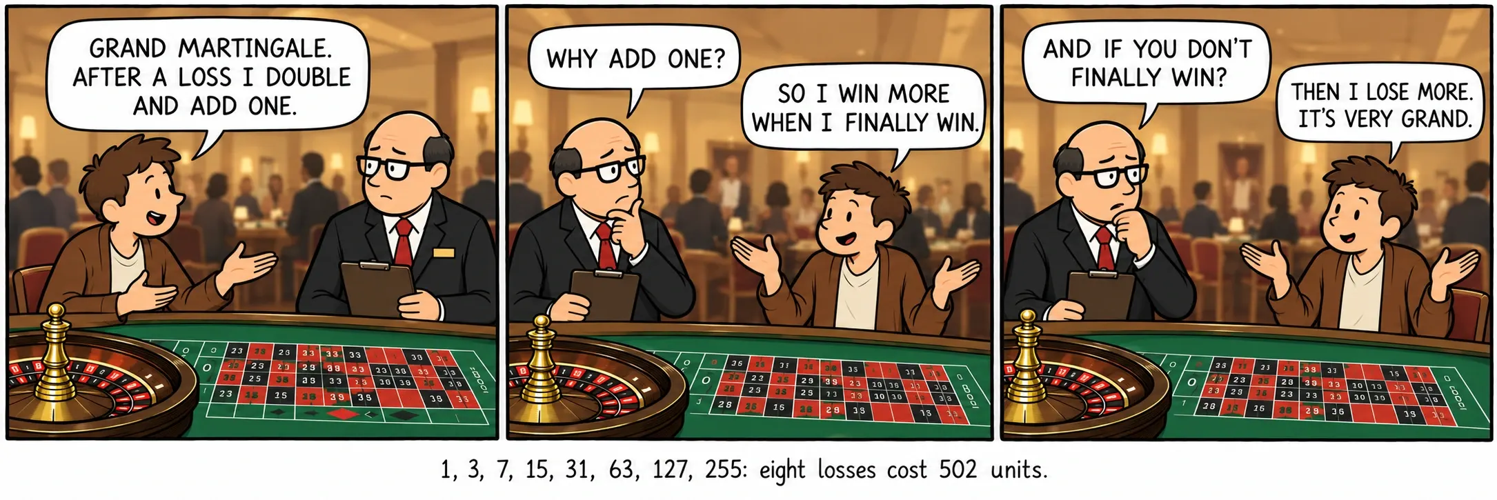 1, 3, 7, 15, 31, 63, 127, 255 : huit pertes coûtent 502 unités.